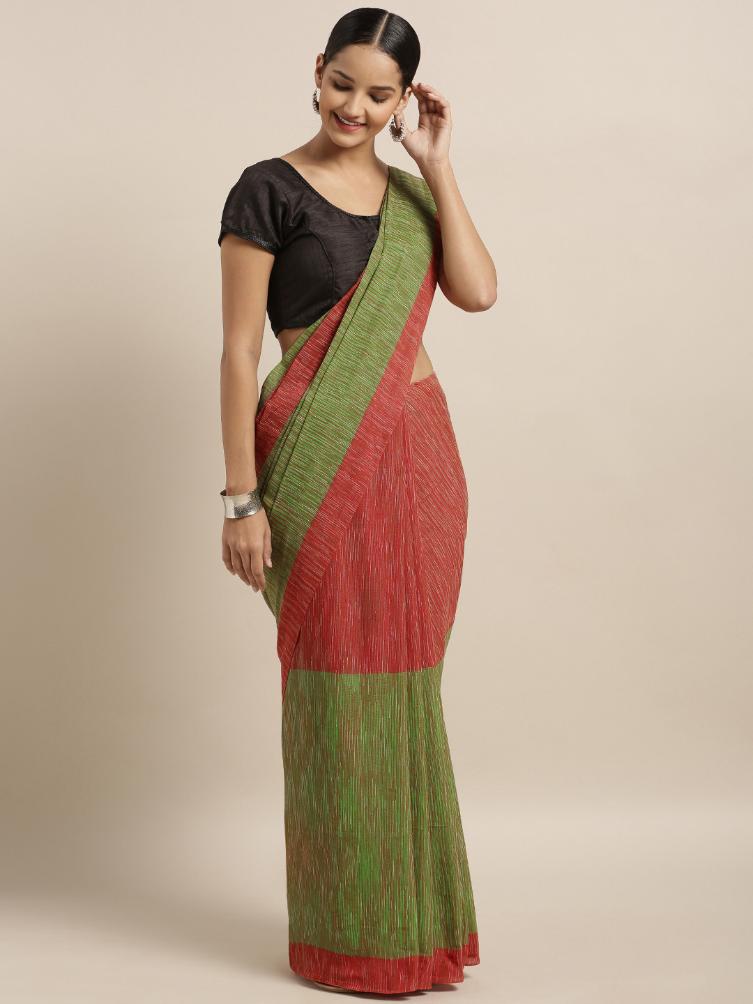 Mitera Green & Red Linen Blend Woven Design Bhagalpuri Saree