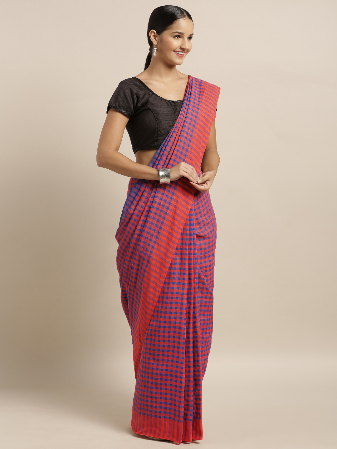 Mitera Orange & Navy Blue Linen Blend Woven Checked Bhagalpuri Saree