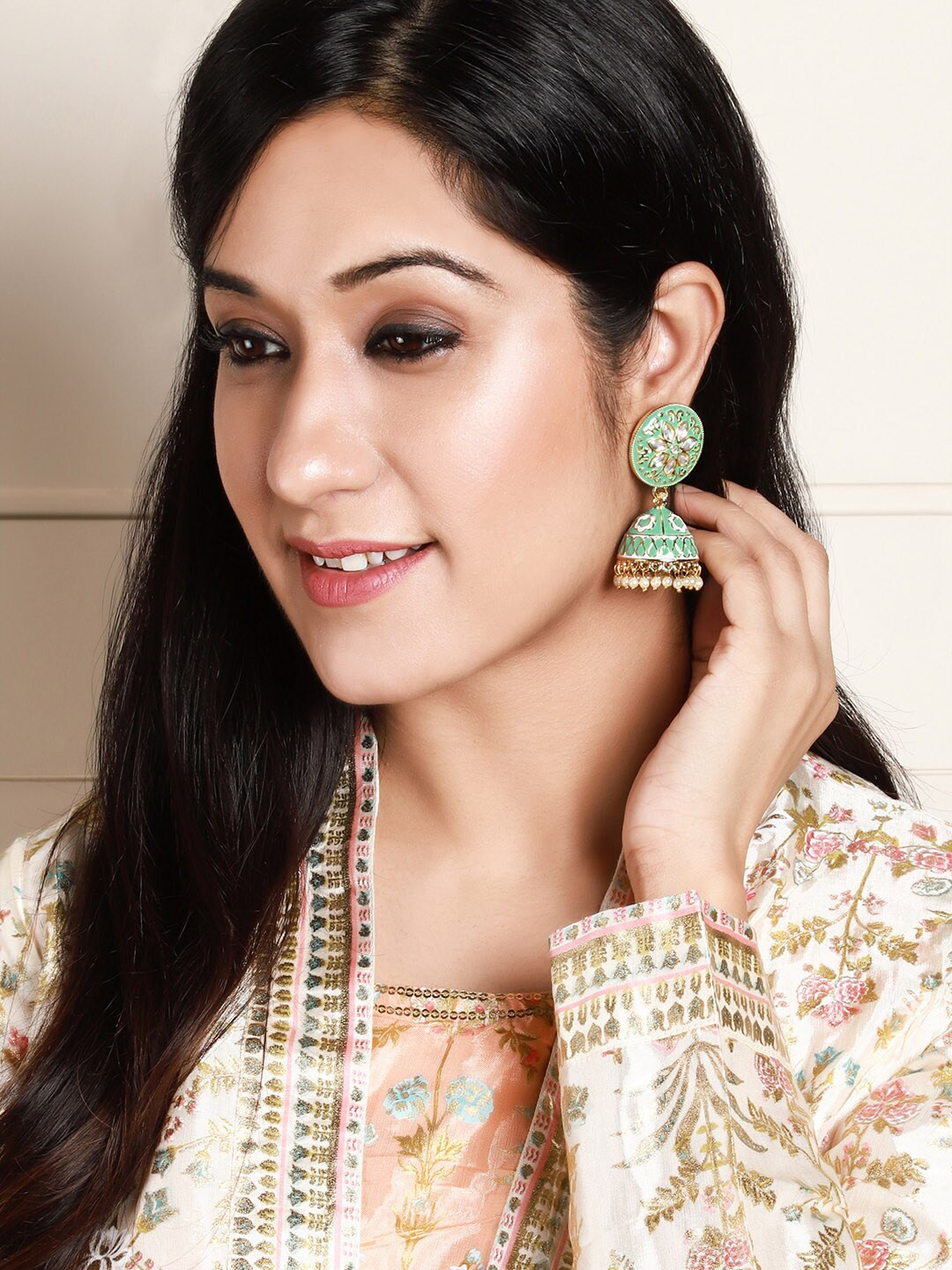 Rubans Gold-Plated & Green Enamel Hand Painted Dome Shaped Jhumkas