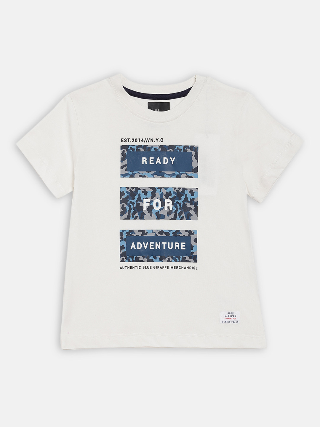 Blue Giraffe Boys Off-White Printed Round Neck T-shirt