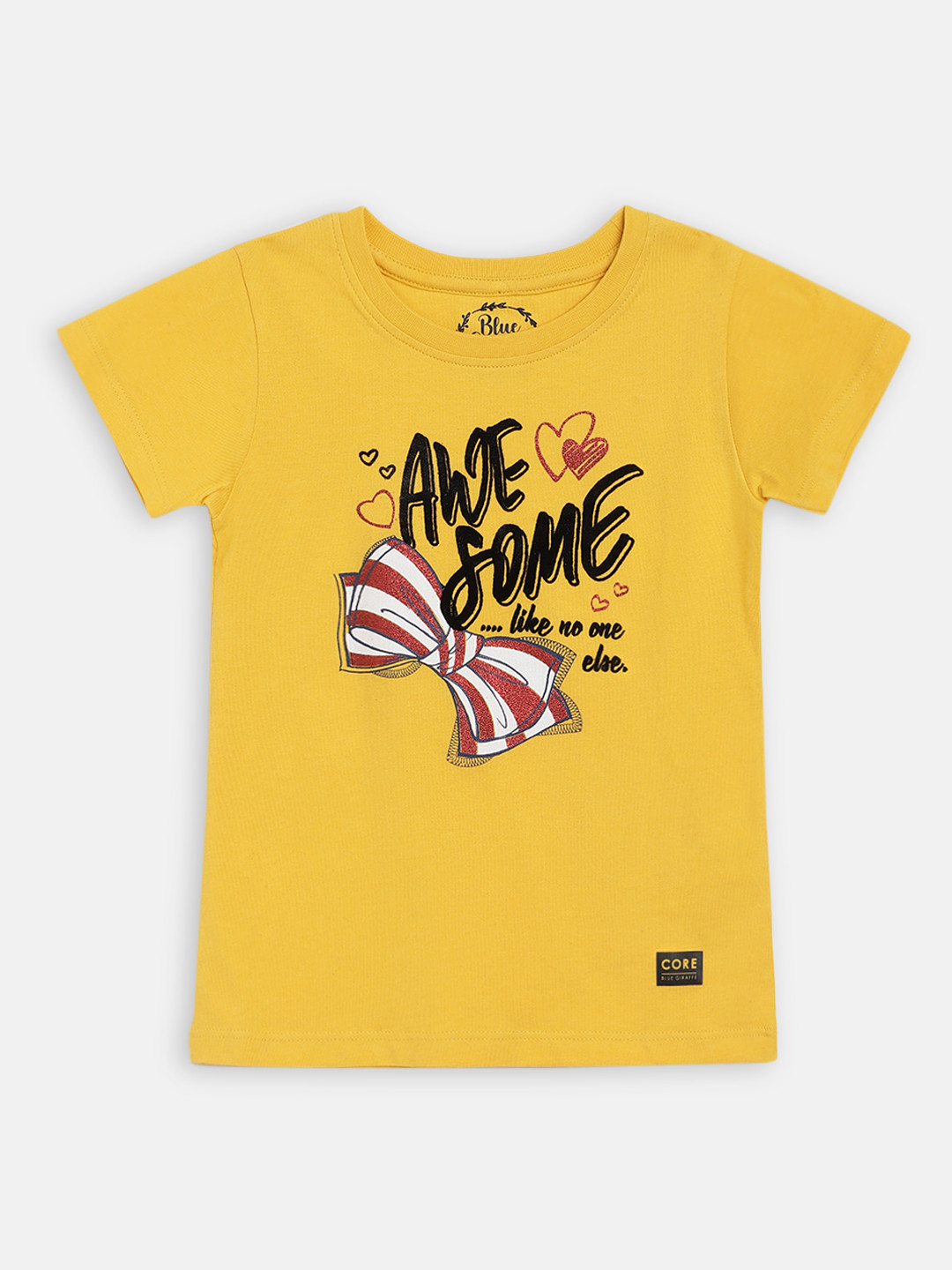 Blue Giraffe Girls Yellow Printed Round Neck T-shirt