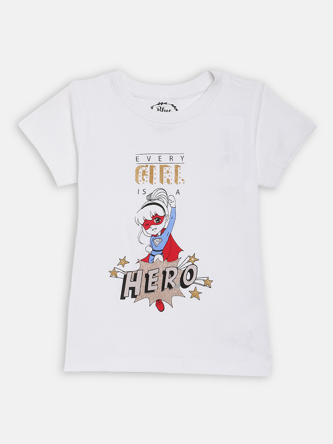 Blue Giraffe Girls White Printed Round Neck T-shirt