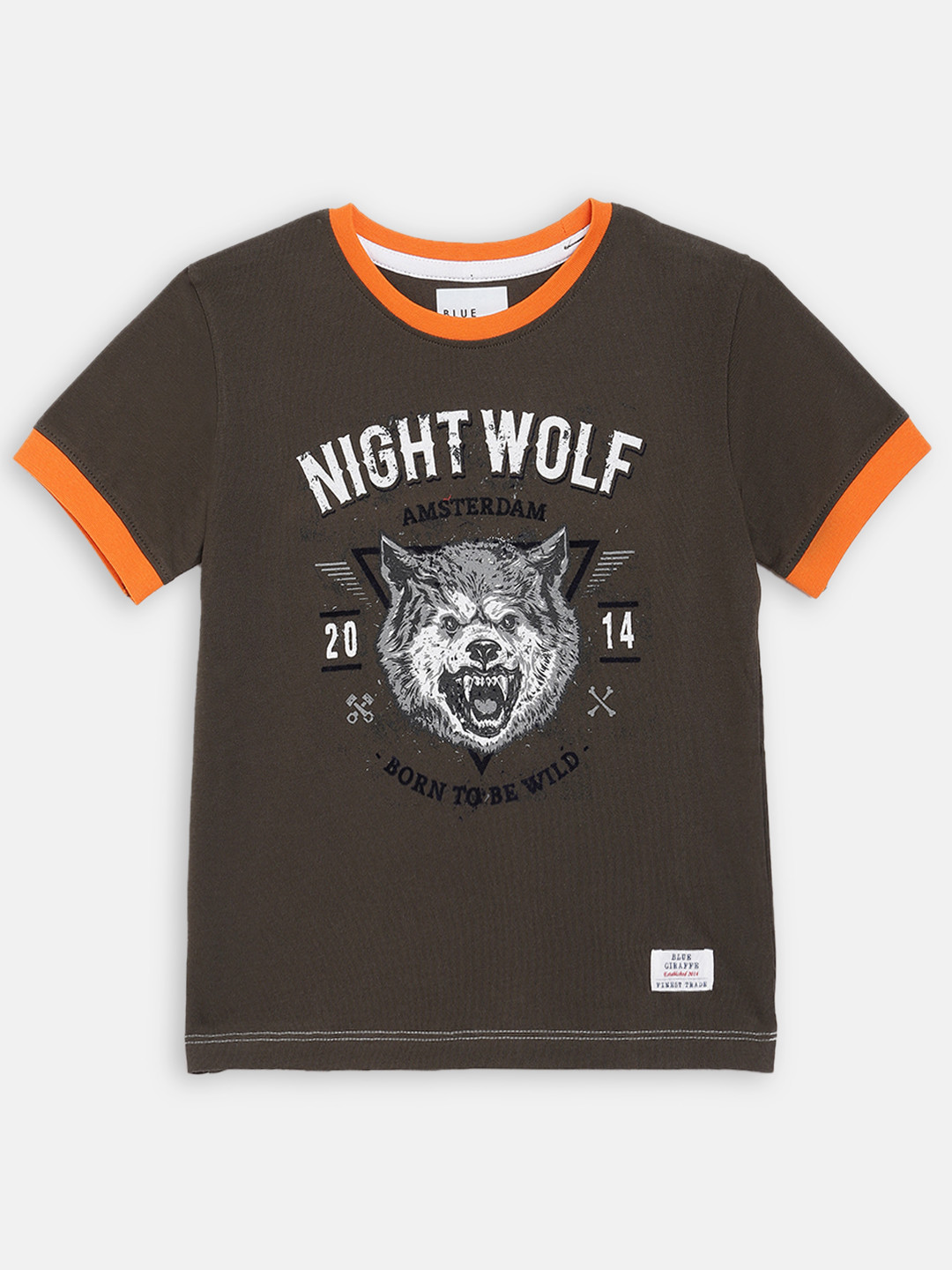 Blue Giraffe Boys Olive Brown Printed Round Neck T-shirt