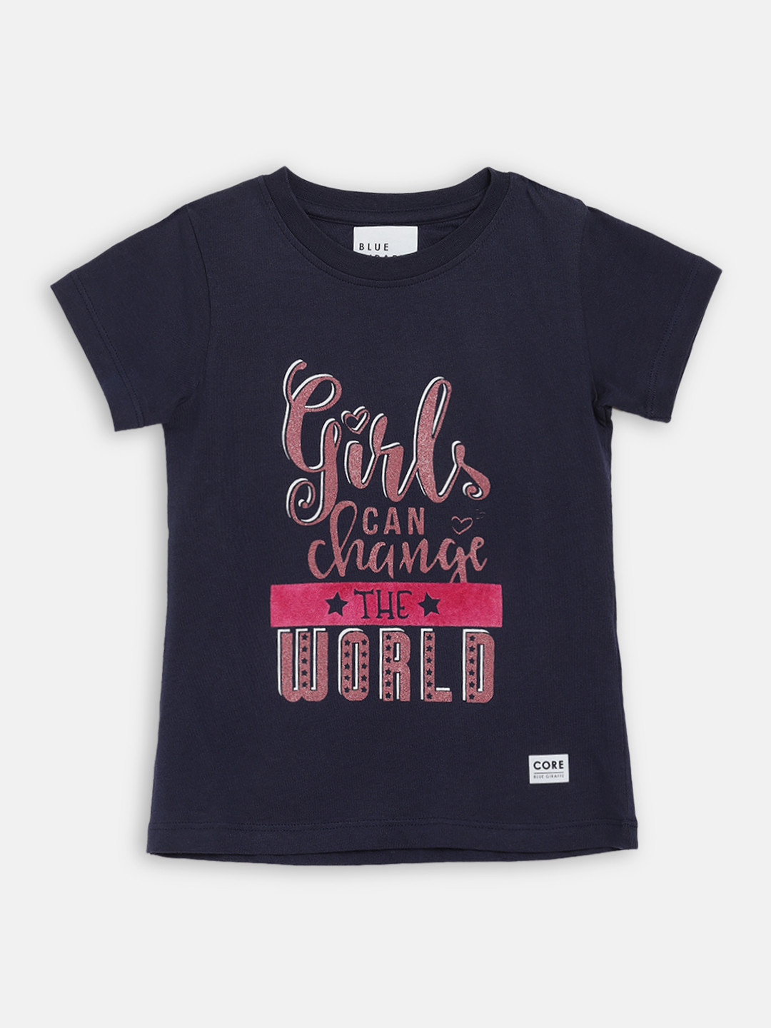 Blue Giraffe Girls Navy Blue Printed Round Neck T-shirt
