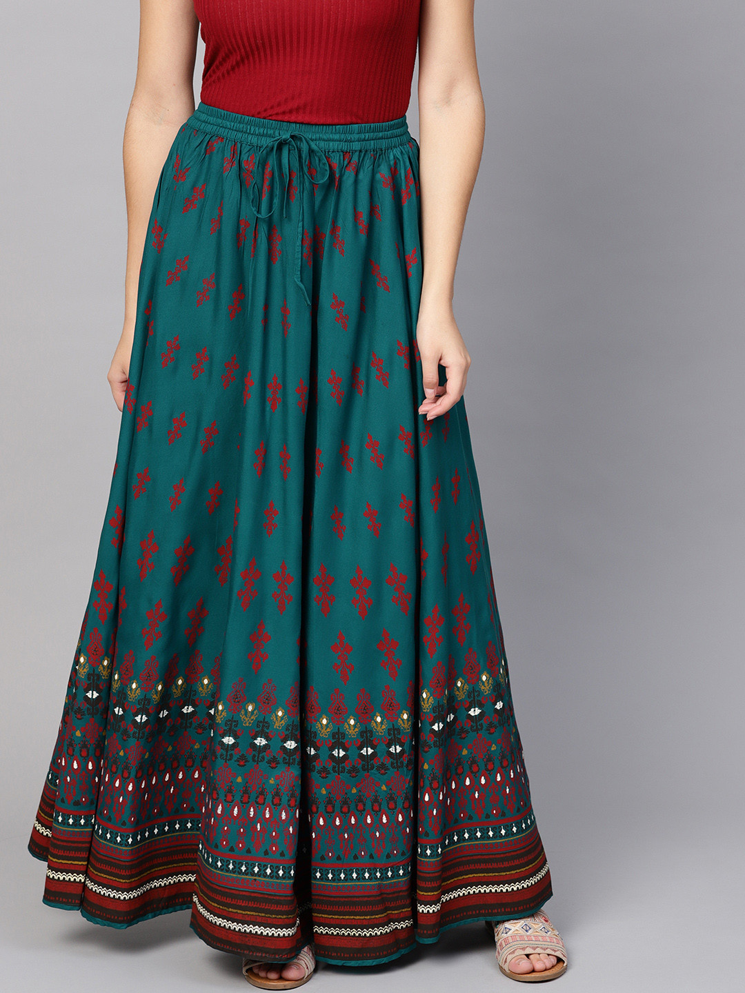 Anayna Teal Blue & Red Printed Flared Maxi Skirt