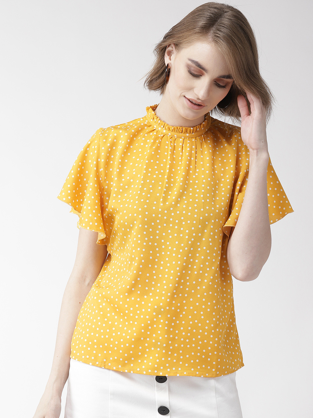 Style Quotient Women Mustard Yellow & White Polka Dot Print Top