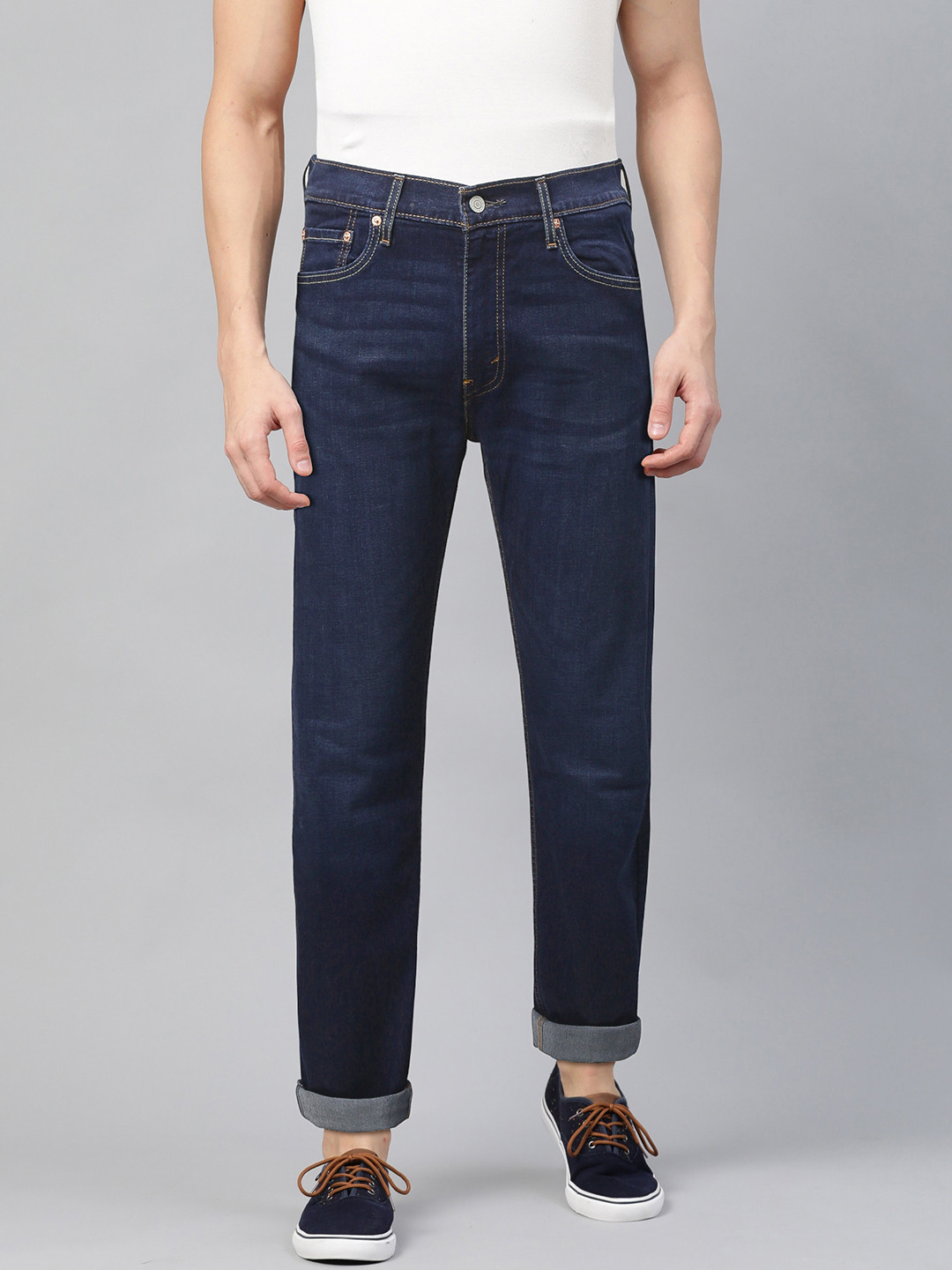 Levis Men Navy Blue Tapered Fit Mid-Rise Clean Look Stretchable Jeans 513