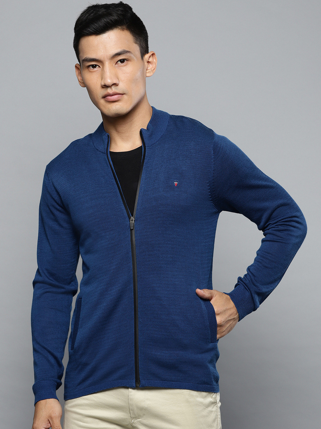 Louis Philippe Sport Men Navy Blue Solid Cardigan