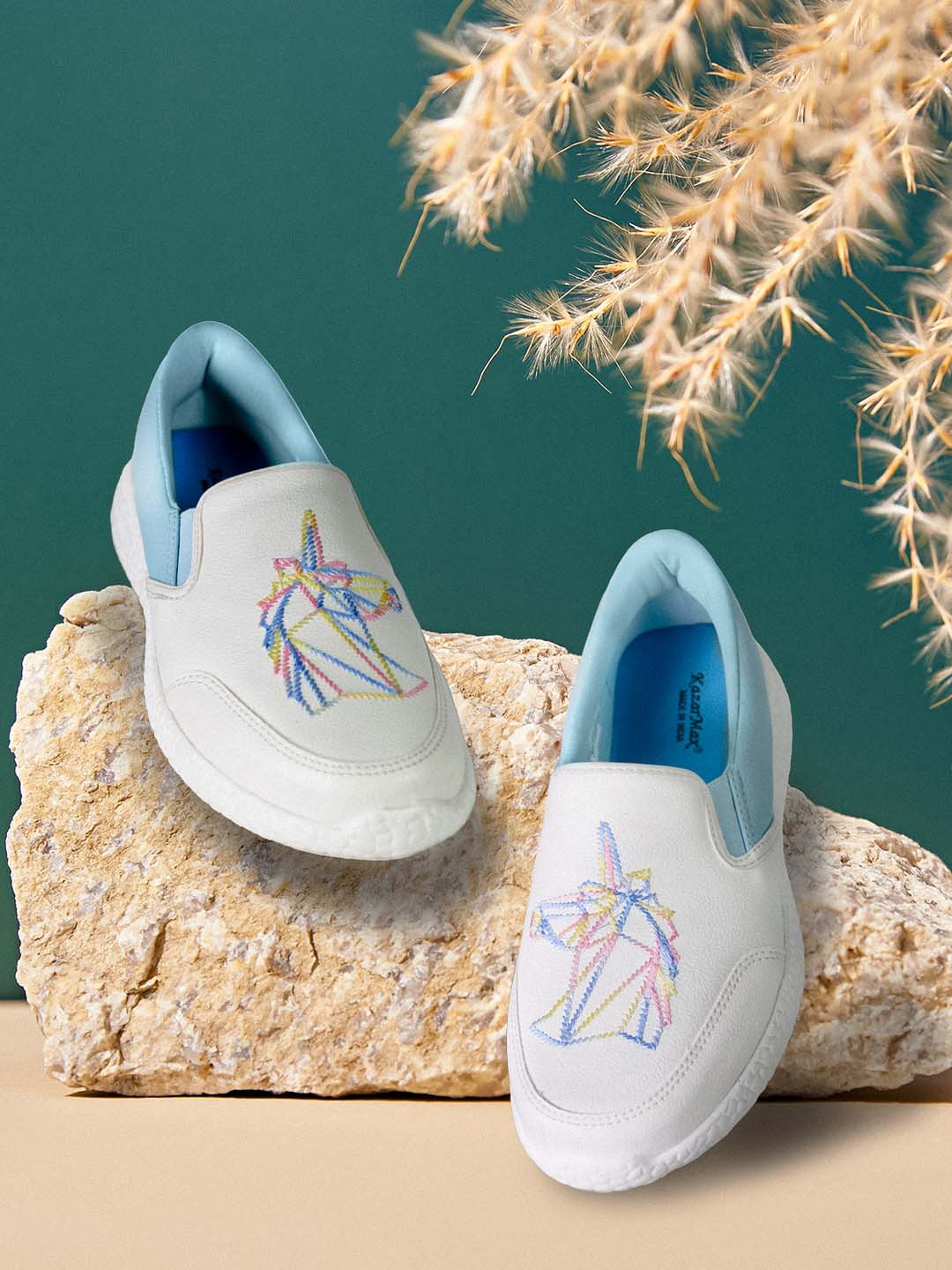 KazarMax Kids White & Blue Embroidered Slip-On Sneakers