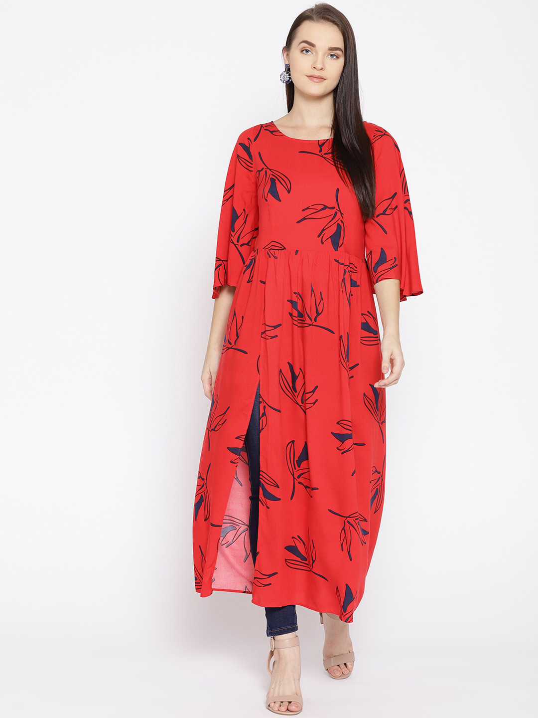 Raano Women Red & Navy Blue Printed A-Line Kurta