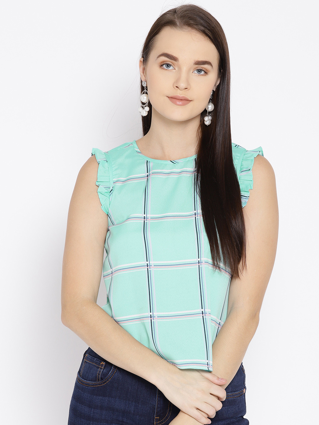 Raano Women Sea Green Checked Top
