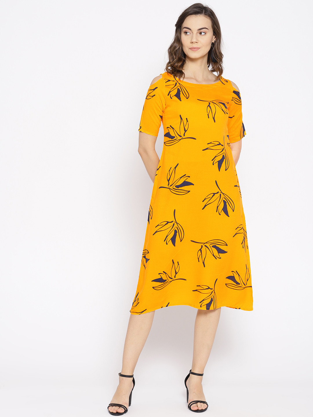Raano Women Mustard Yellow & Navy Blue Floral Print Midi A-Line Dress
