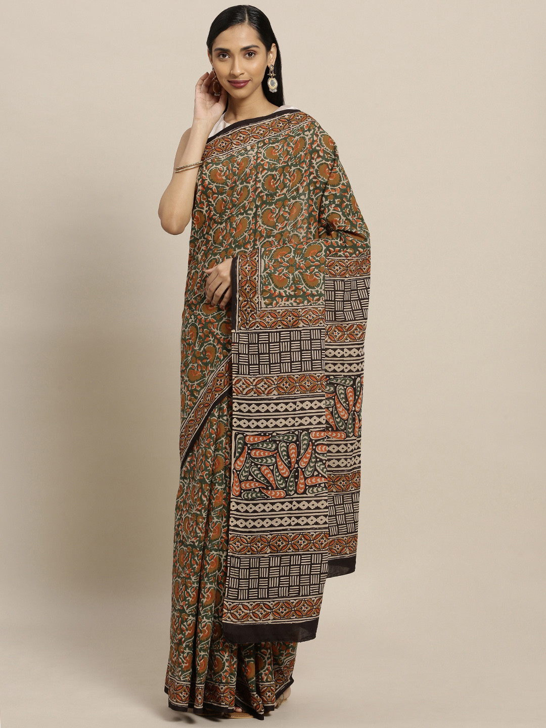 Mitera Olive Green & Khaki Pure Cotton Printed Bagru Saree