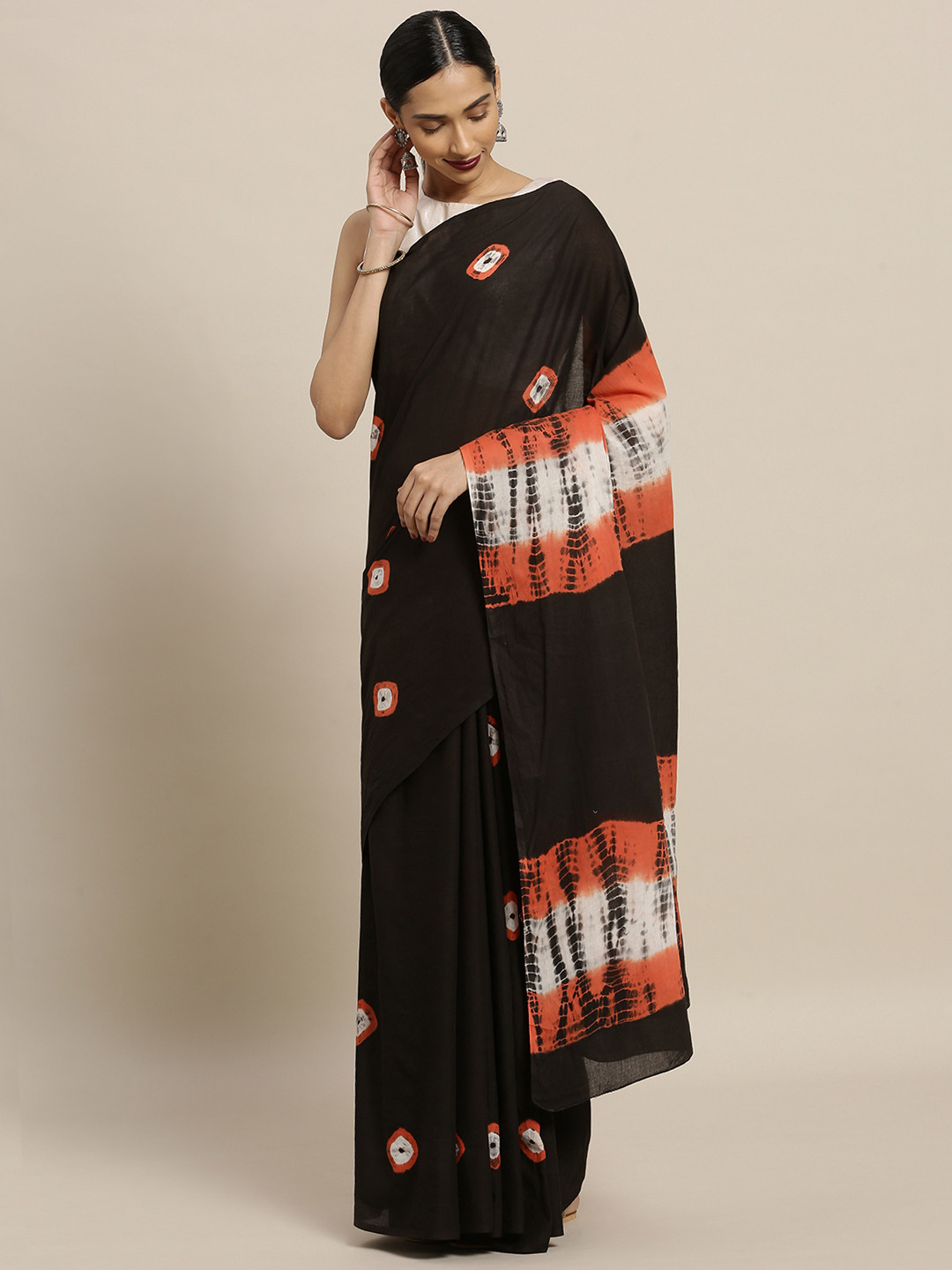 Mitera Black & Orange Pure Cotton Dyed Saree