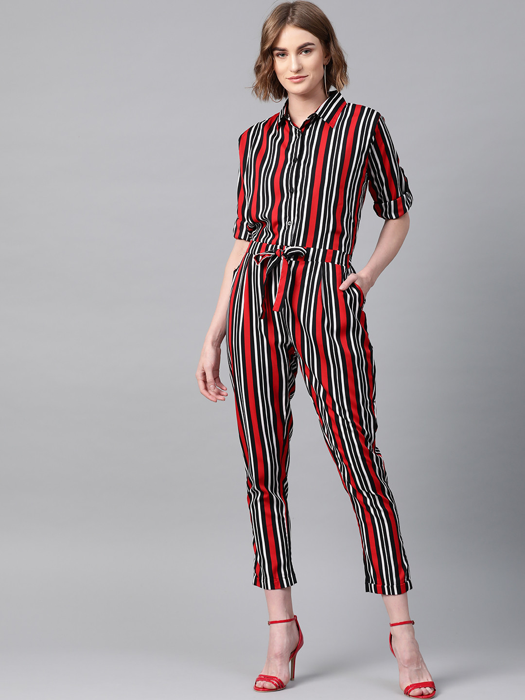 VOXATI Women Black & Red Striped Basic Jumpsuit