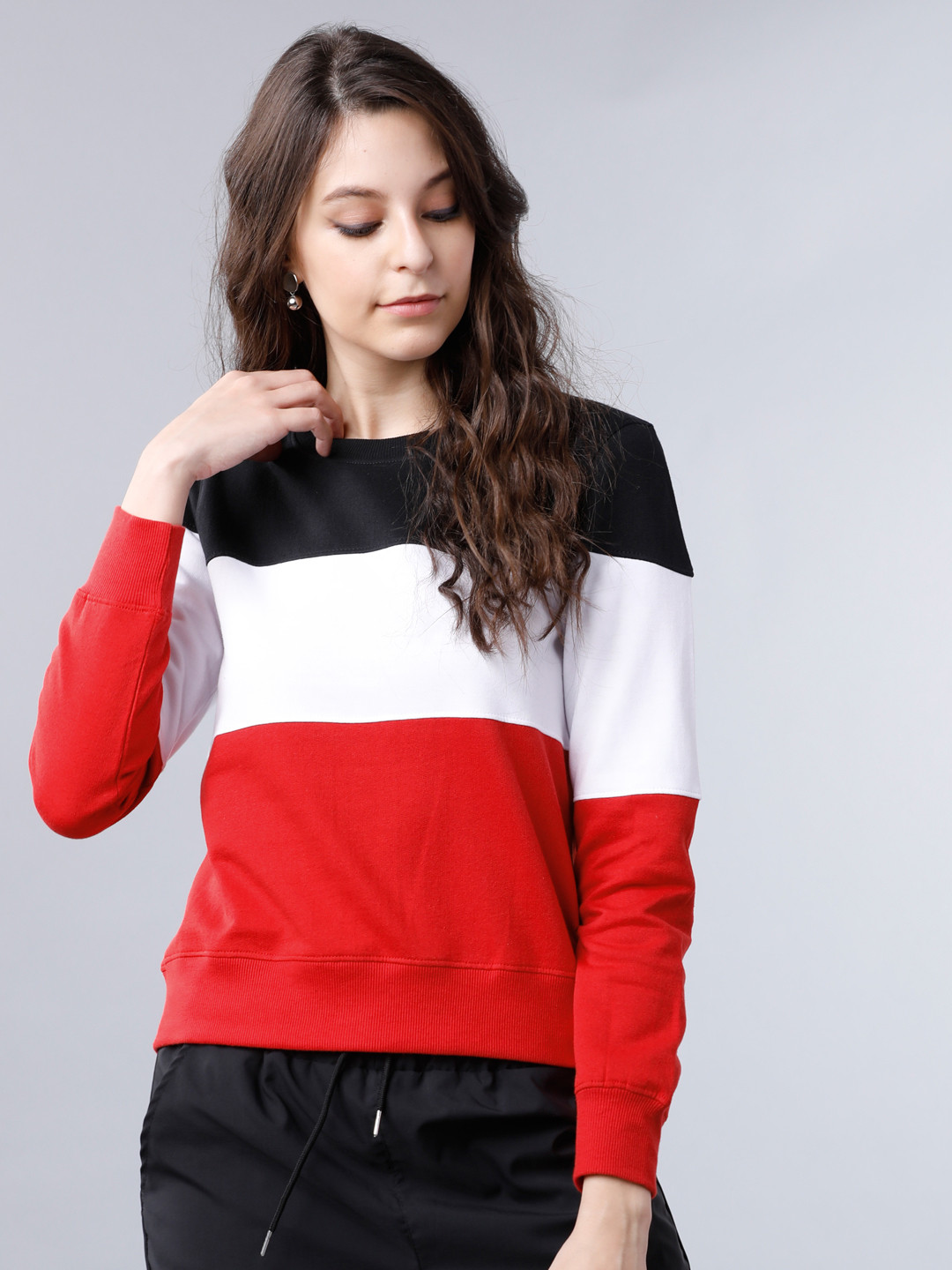 Tokyo Talkies Women Black & Red Colourblocked Sweatshirt