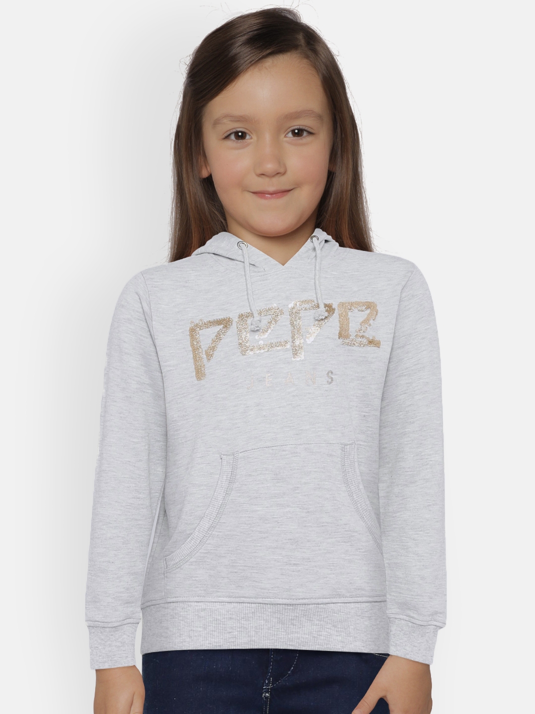 Pepe Jeans Girls Grey Melange Self Design Hooded Sweatshirt