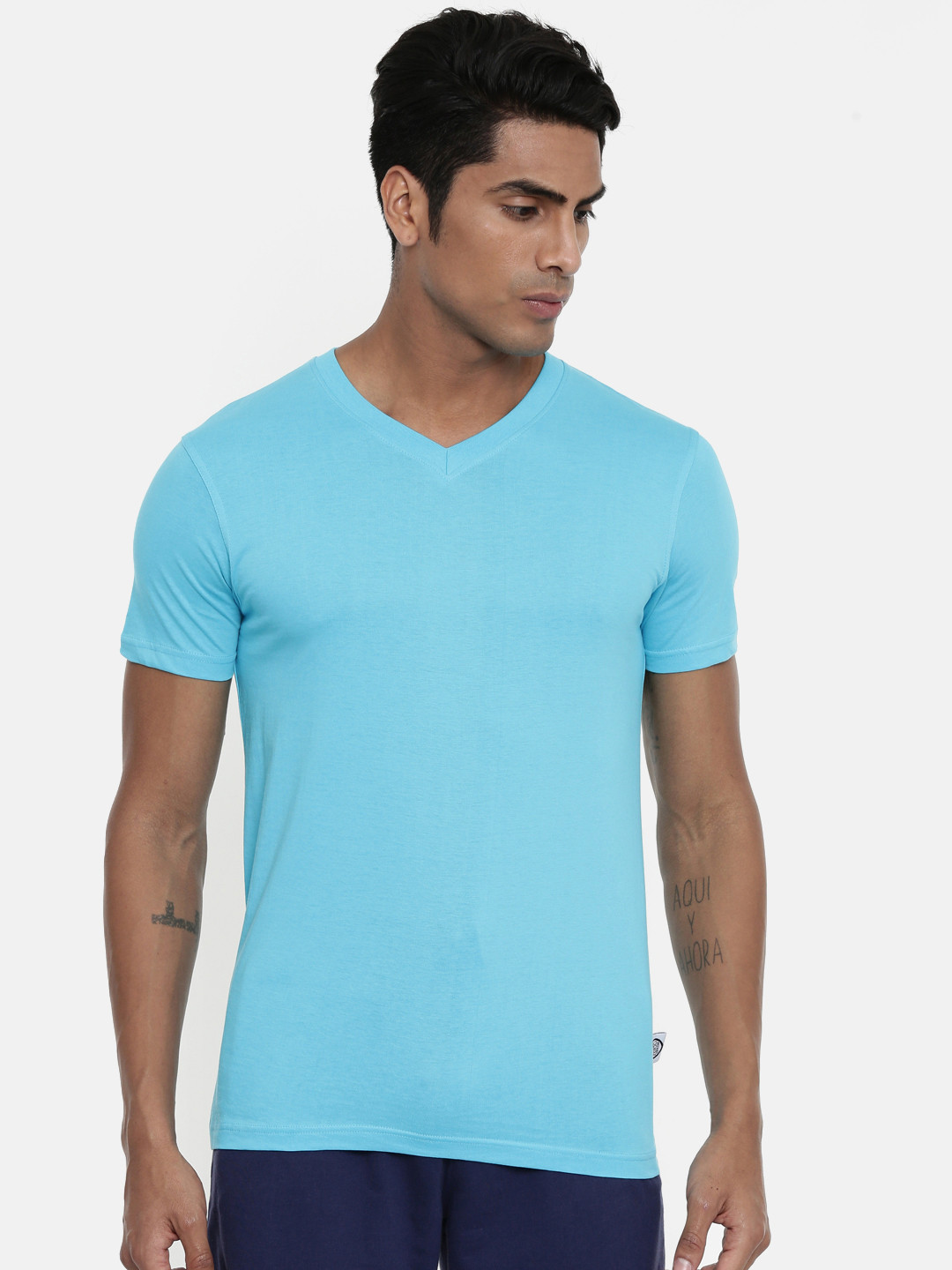 zebu Men Blue Solid V- Neck Lounge T-Shirt