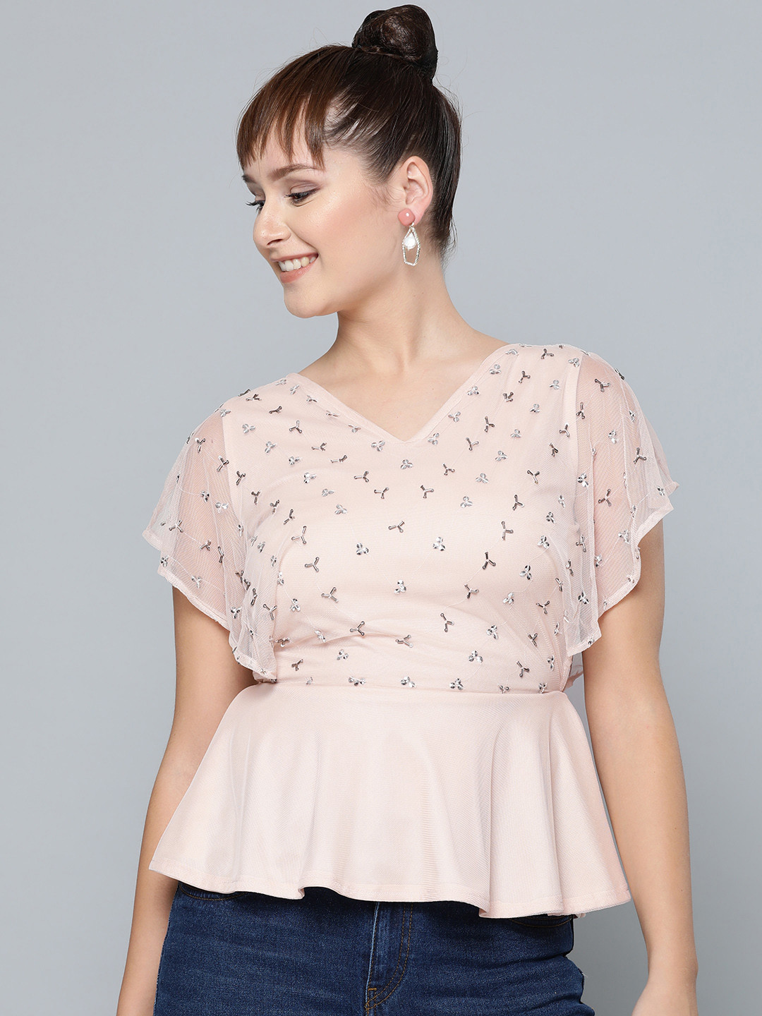 STREET 9 Beige Embellished Net Cinched Waist Top