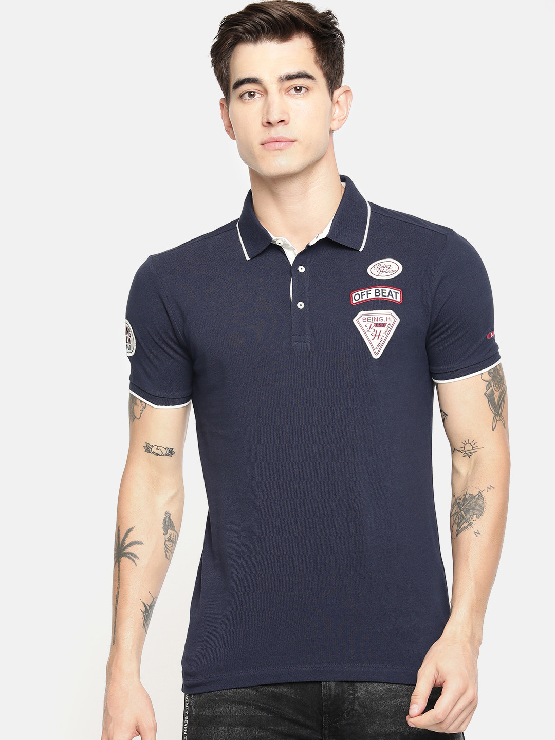 Being Human Men Navy Blue Solid Polo Collar Pure Cotton T-shirt
