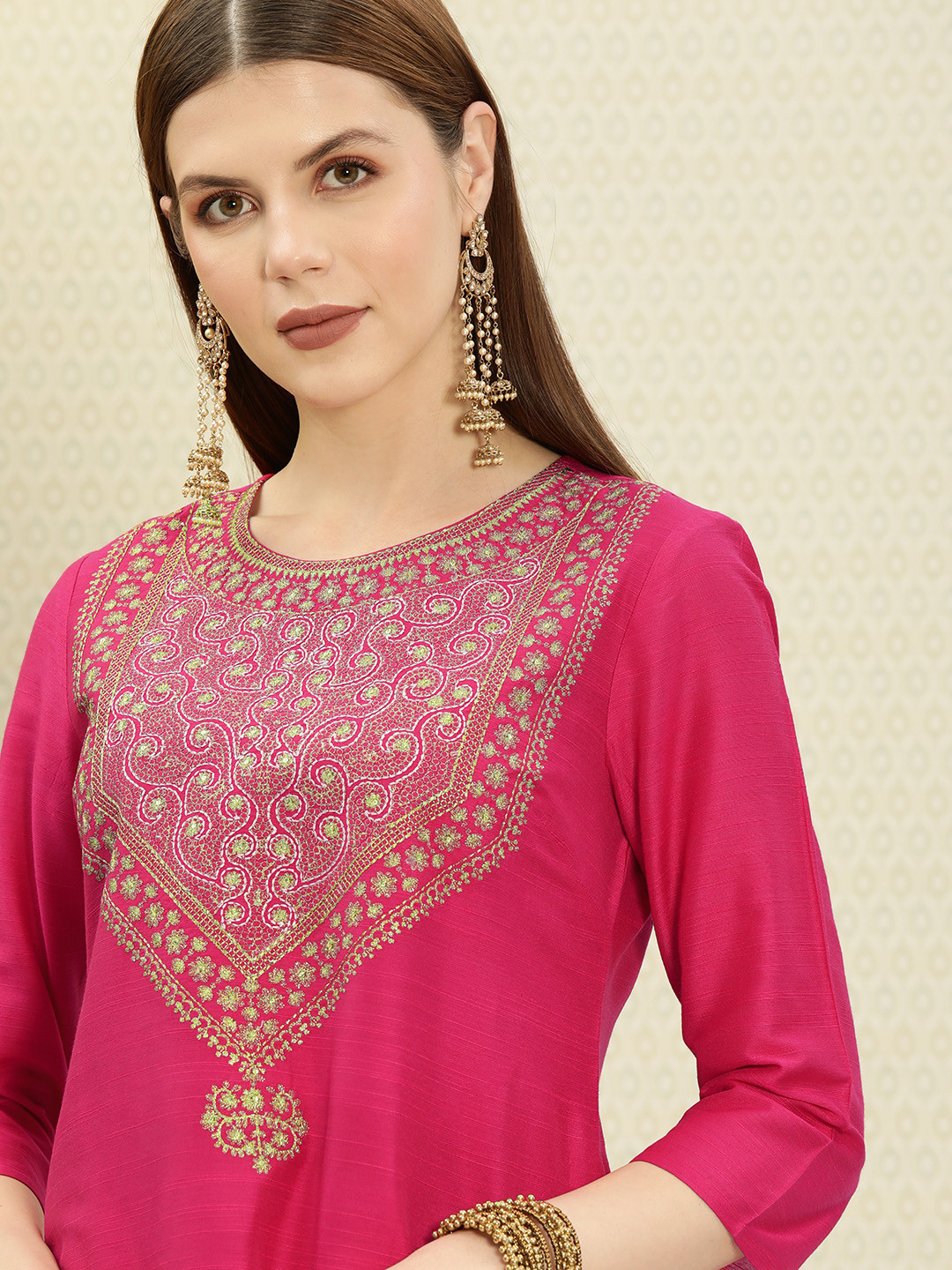 House of Pataudi Women Pink Embroidered Straight Kurta