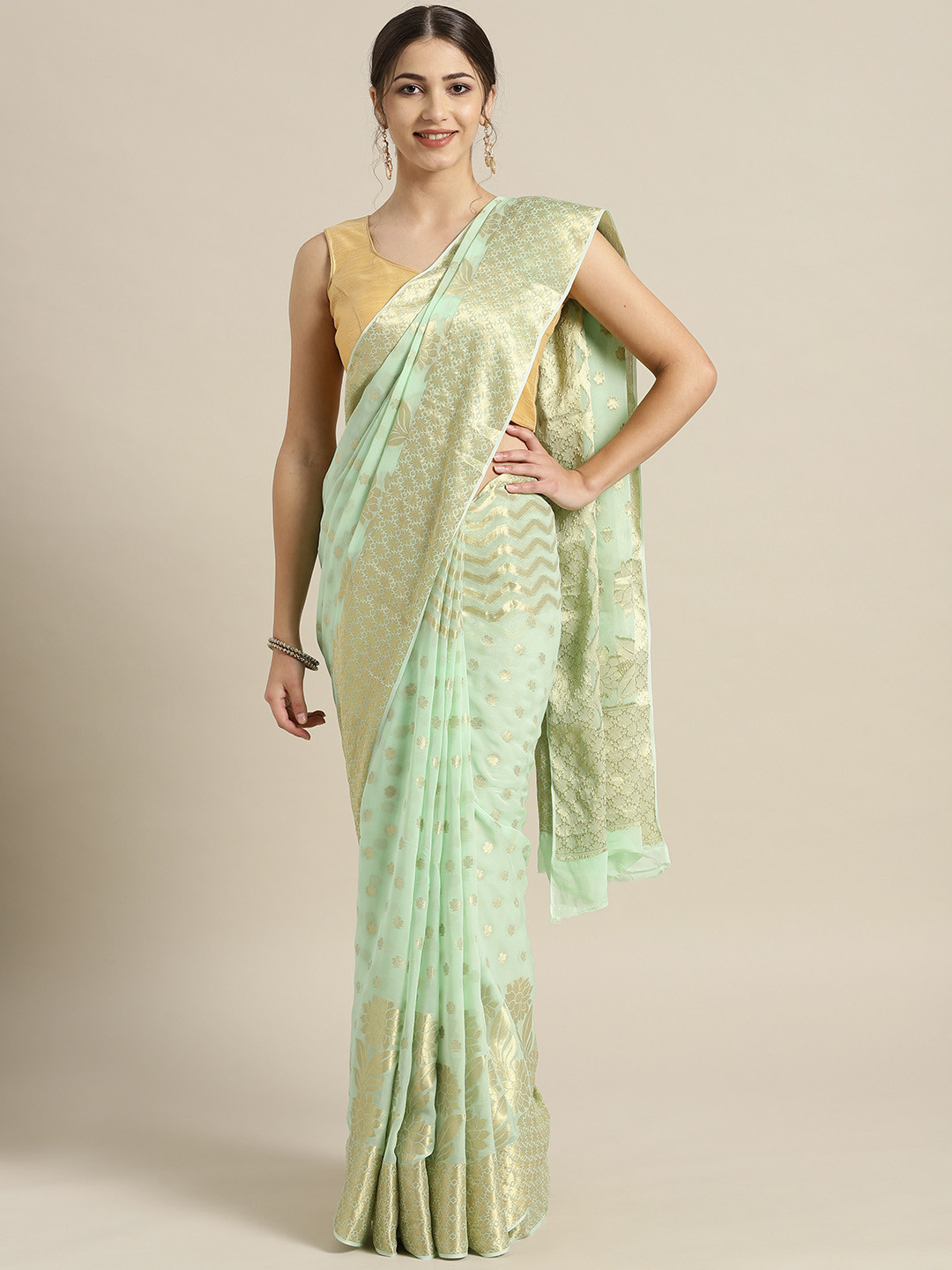 Geroo Jaipur Mint Green Floral Hand Woven Georgette  Sustainable Saree