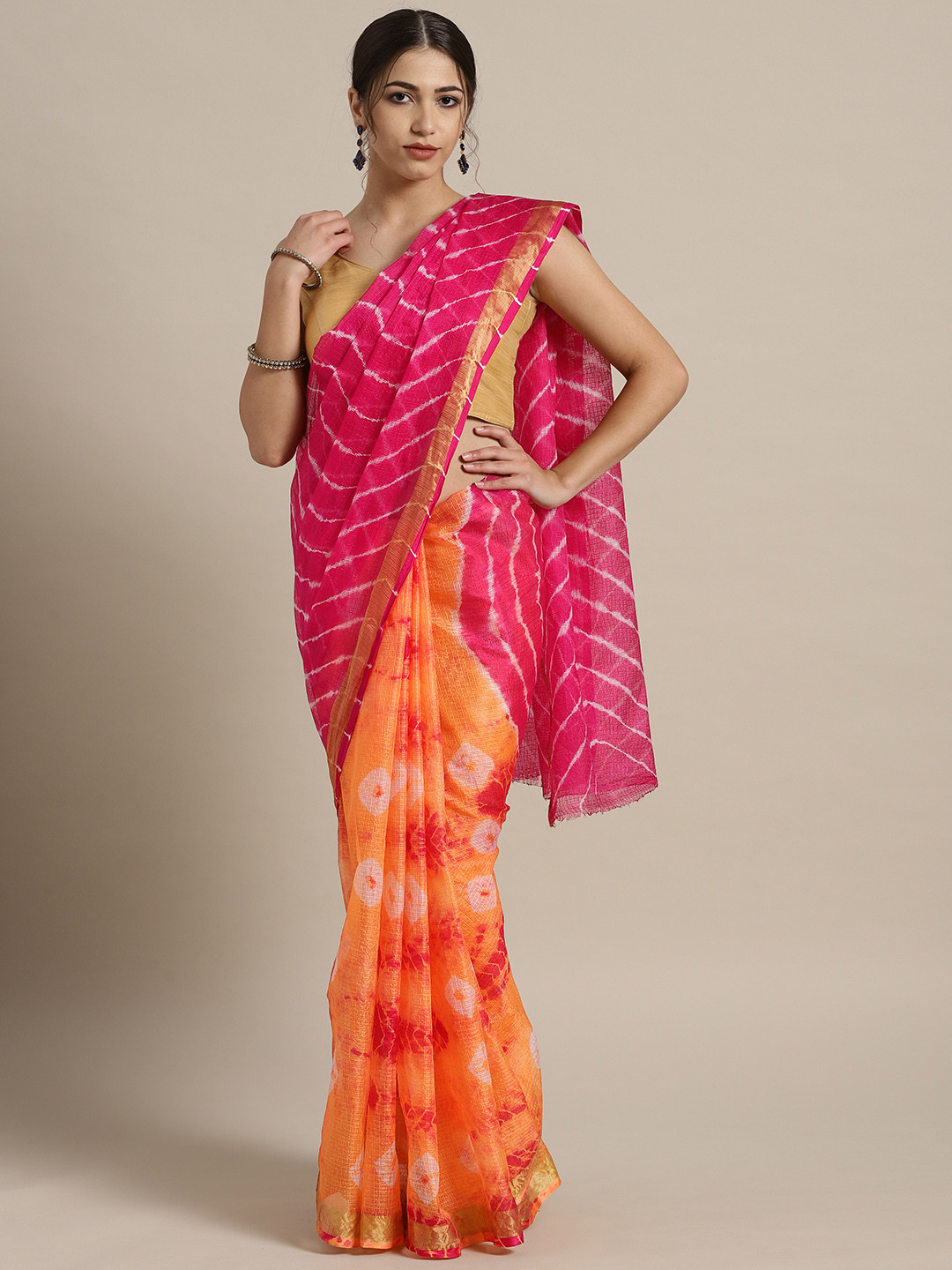 Geroo Jaipur Hand Dyed Orange & Pink Bandhani Kota Silk  Saree