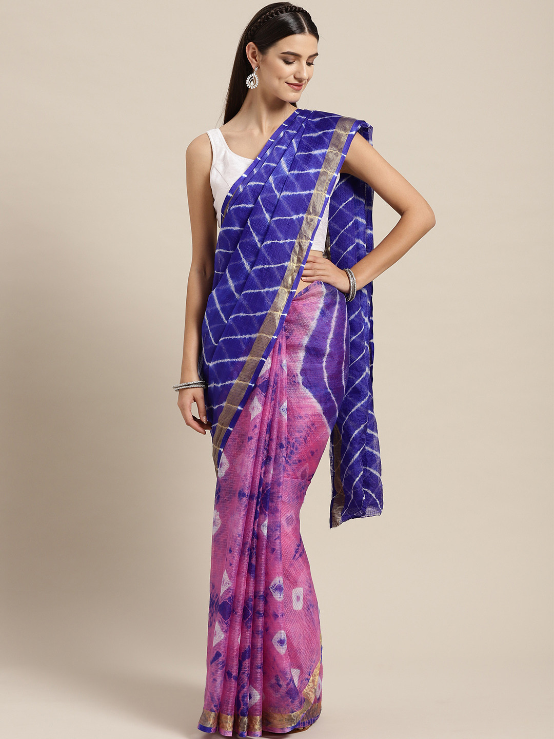 Geroo Jaipur Hand Dyed Pink & Blue Bandhani Kota Silk  Saree