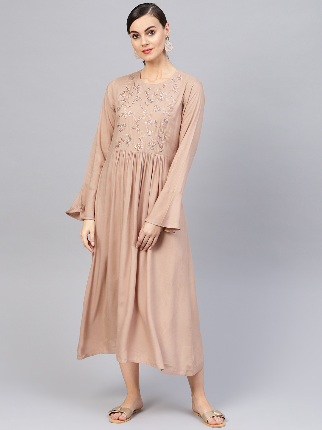 Indo Era Women Beige Embroidered Detail A-Line Dress