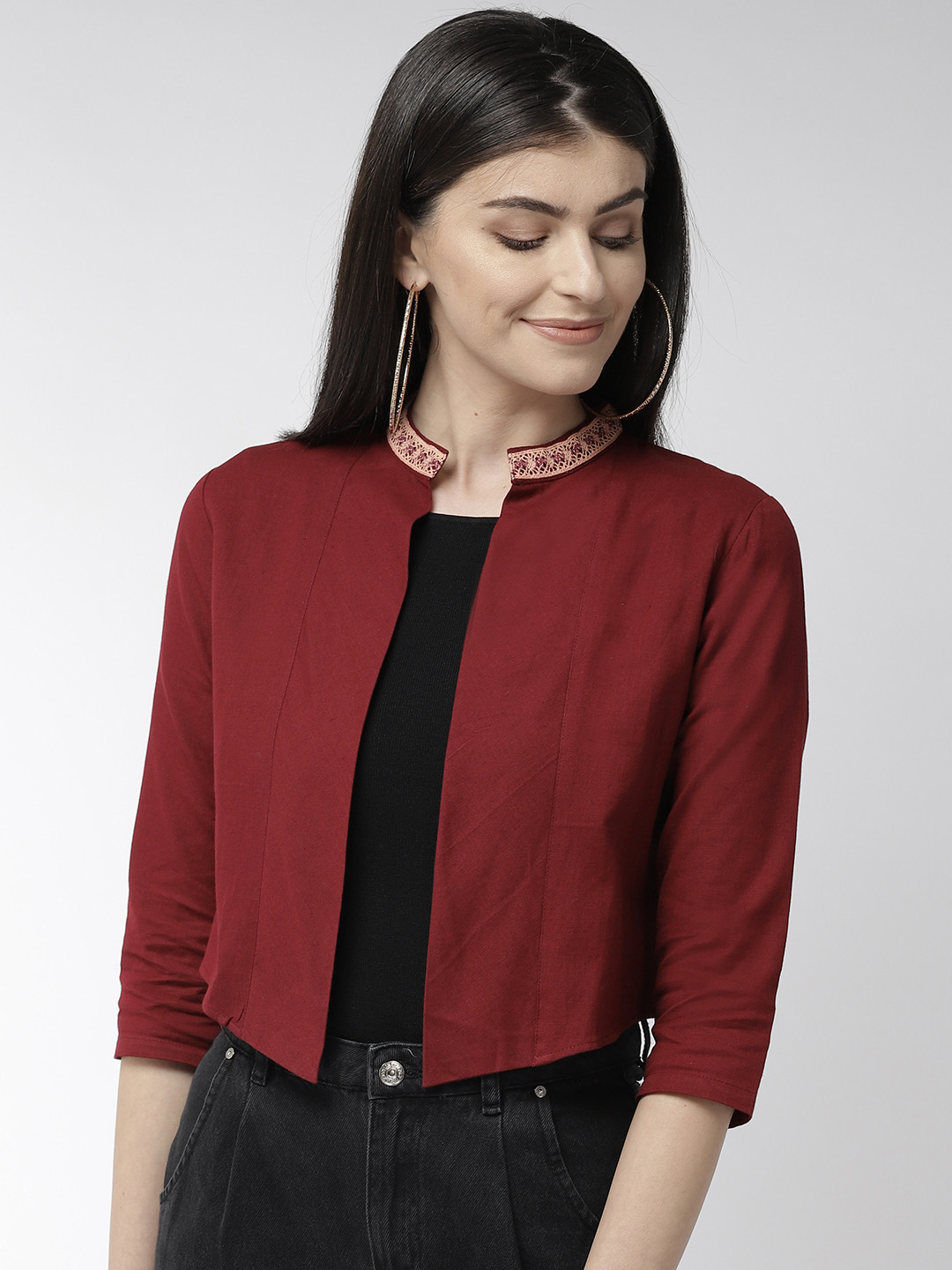 Style Quotient Women Maroon Solid Cropped Open Front Shrug