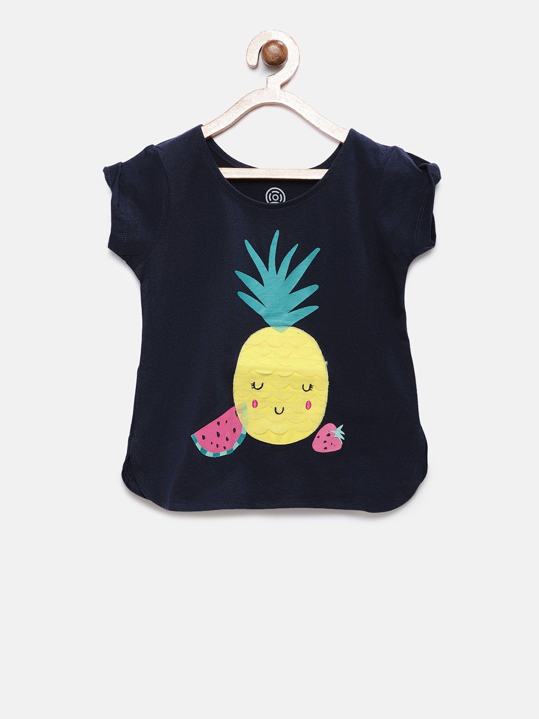 TAMBOURINE Girls Navy Blue Printed Pure Cotton Top