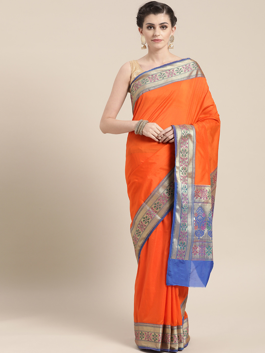 BANARASI SILK WORKS Orange & Blue Solid Banarasi Saree