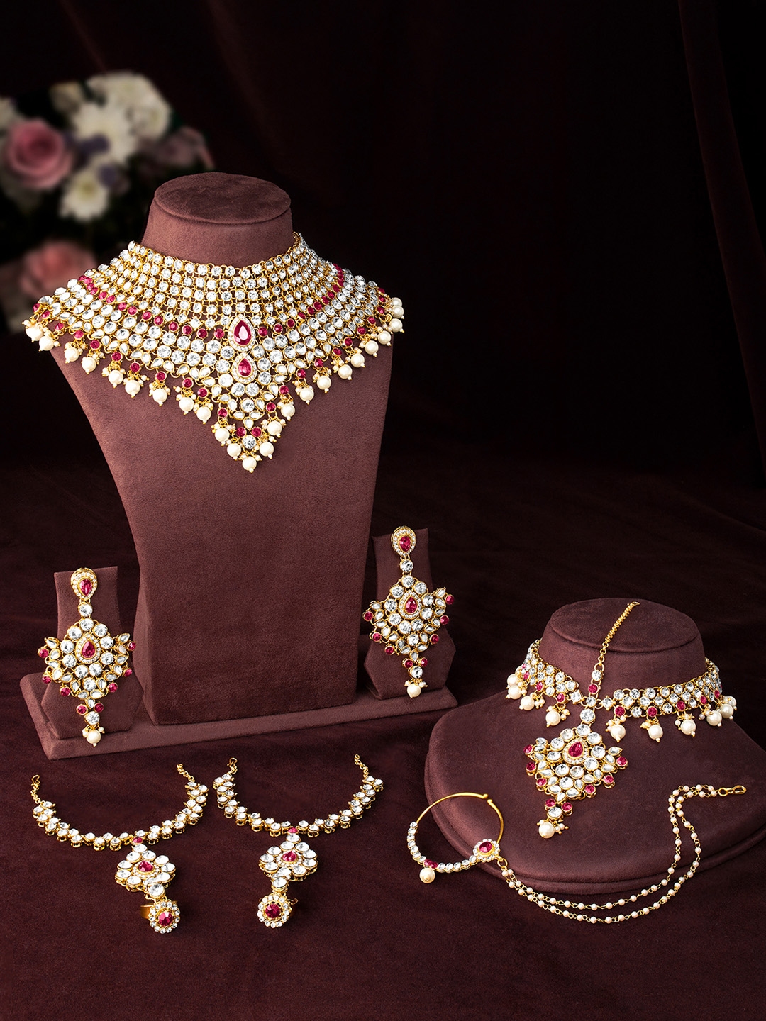 Buy Peora Women 18K Gold Plated Pink American Diamond Bridal Jewellery Set Jewellery Set for Women 10735126 Myntra