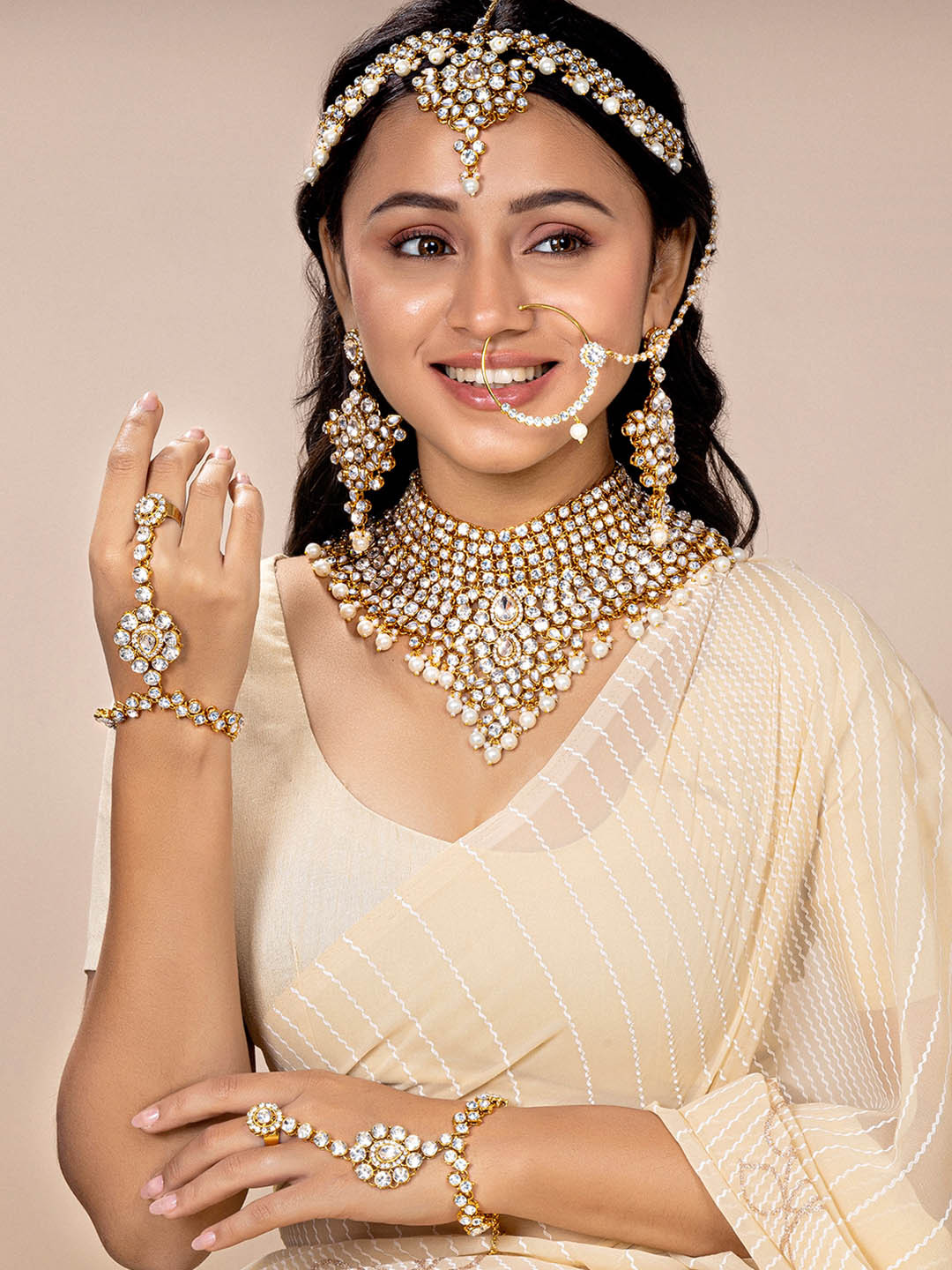 Peora Women 18K Gold Plated White American Diamond Bridal Jewellery Set