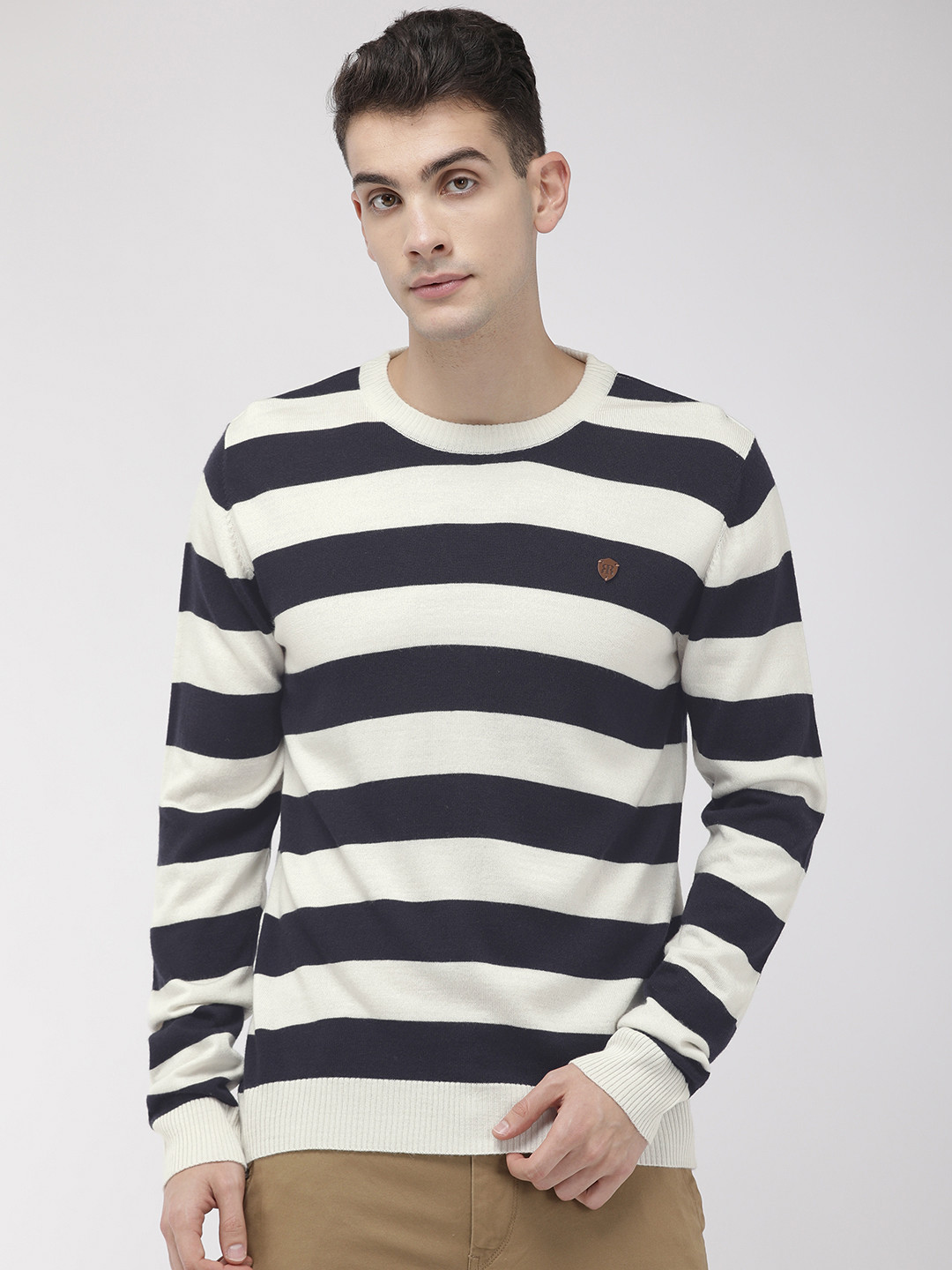 Raymond Men Navy Blue & White Striped Pullover Sweater