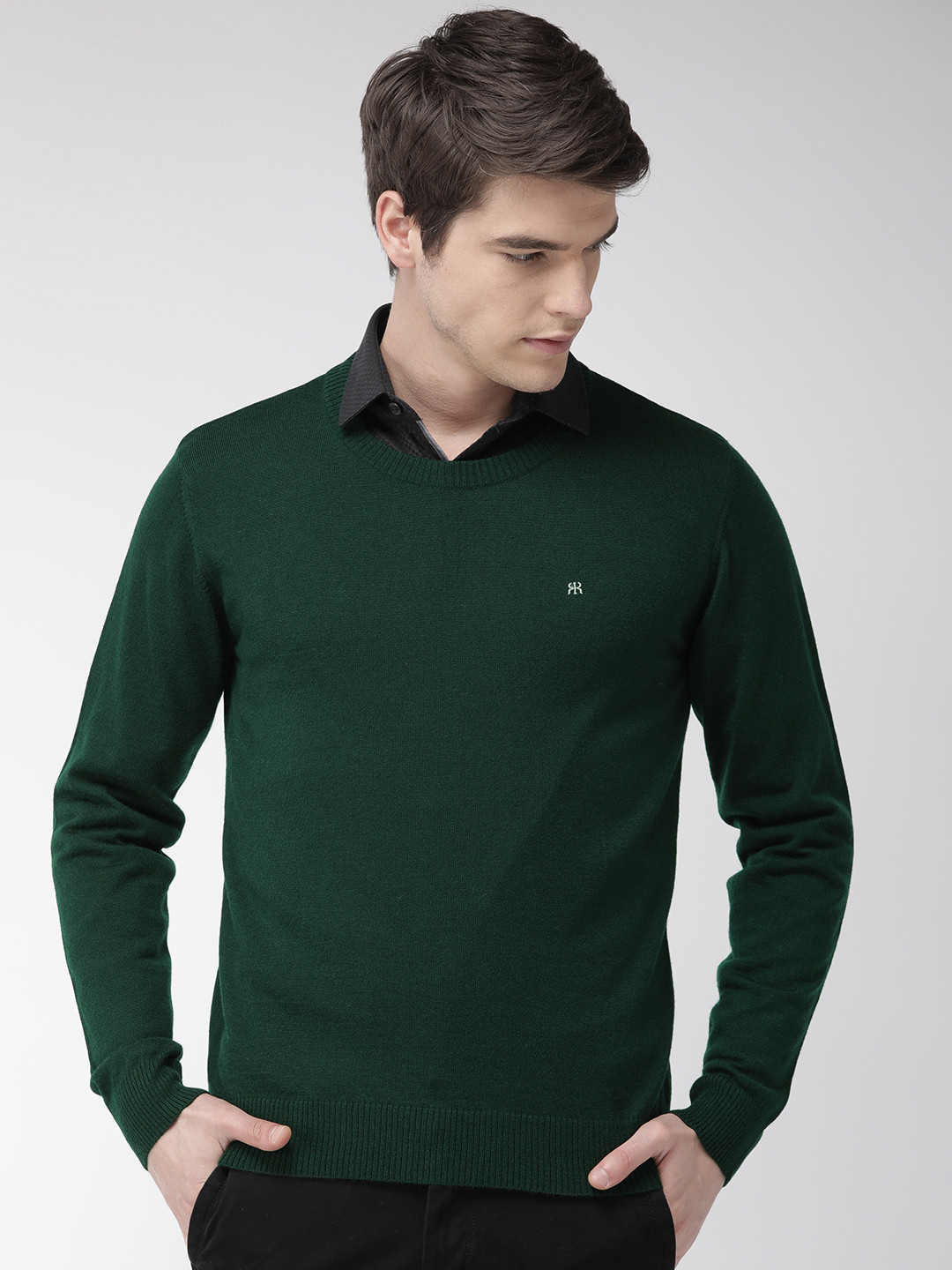 Raymond Men Green Solid Sweater