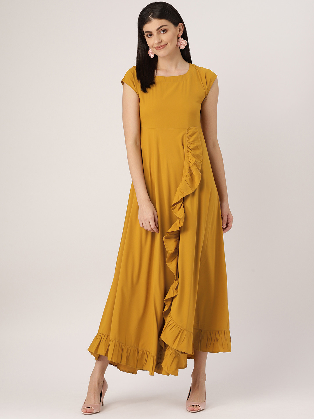 MBE Women Mustard Yellow Solid Maxi Dress