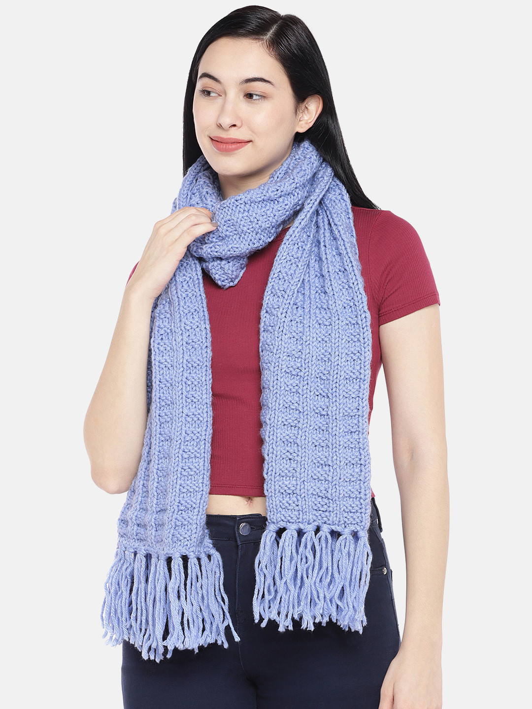 Magic Needles Women Blue Self Design Handmade Scarf