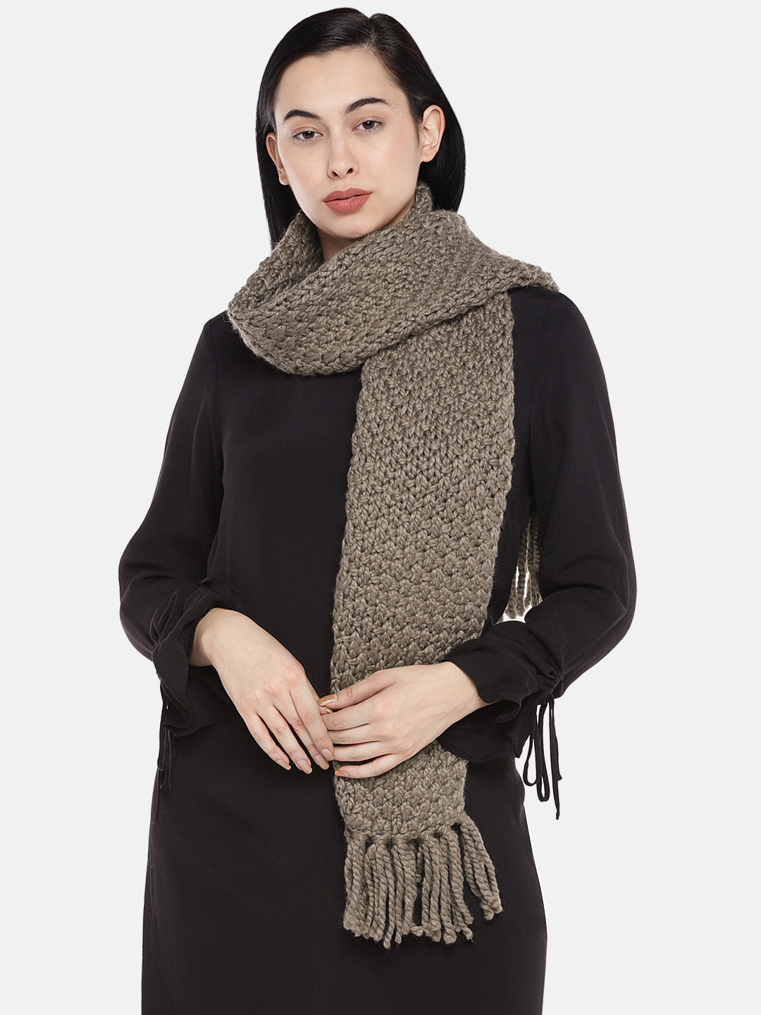 Magic Needles Women Brown Self Design Handmade Seed Stitch Scarf