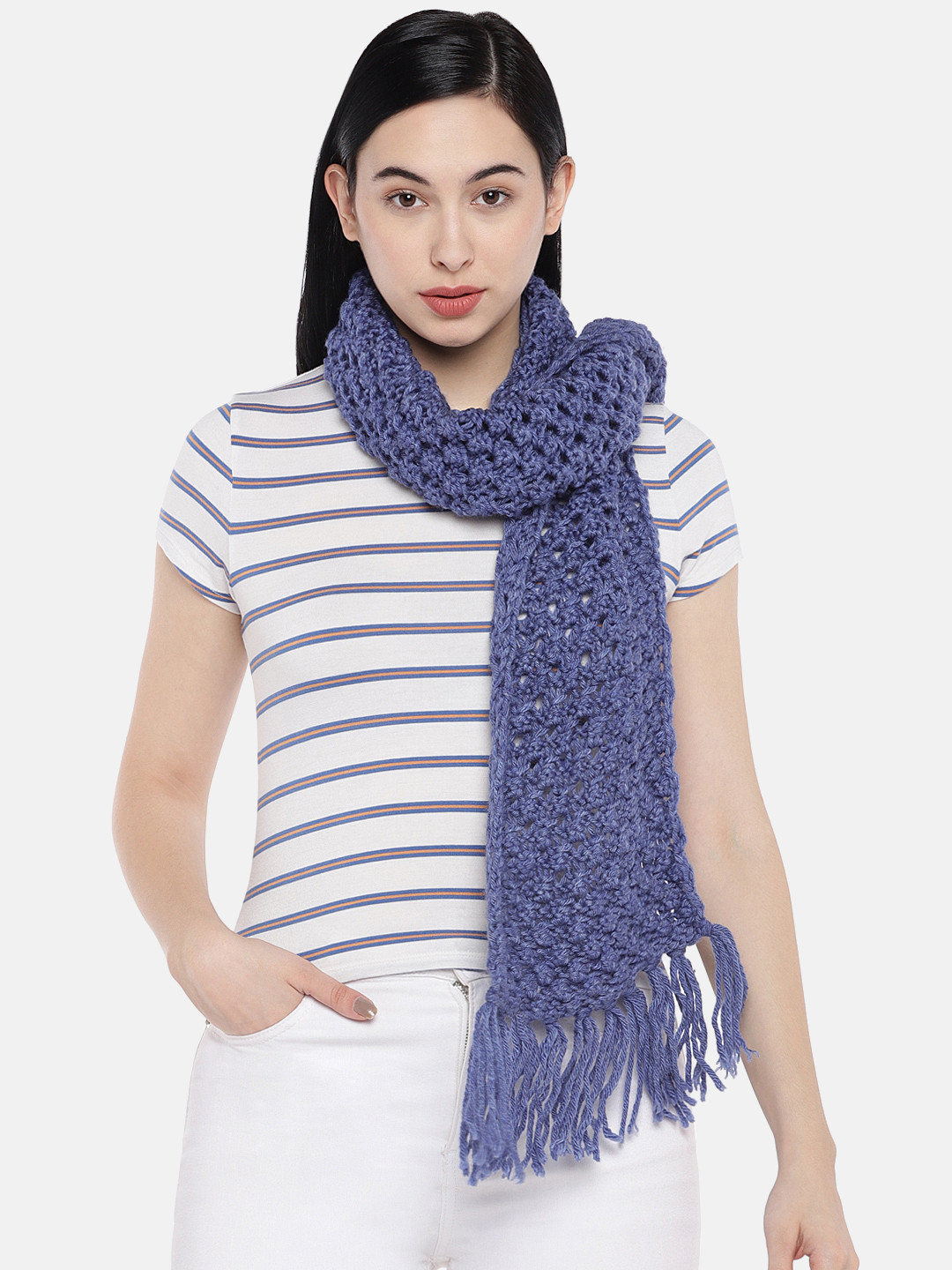 Magic Needles Women Blue Self Design Bobble Stitch Handmade Scarf