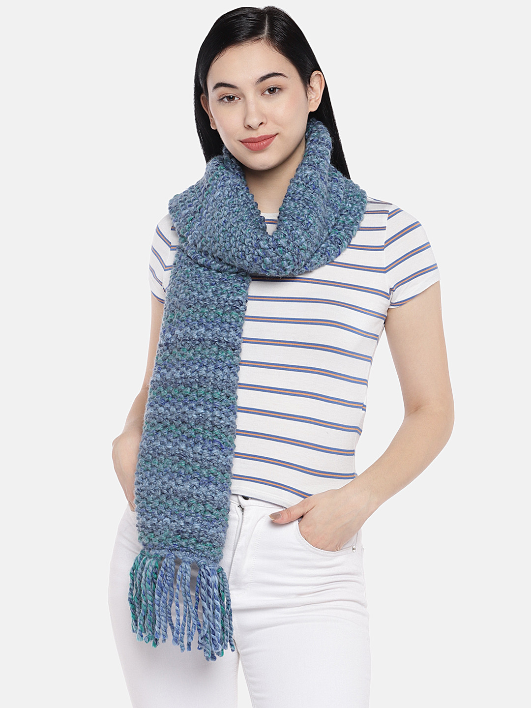 Magic Needles Women Blue Self Design Handmade Seed Stitch Thick Shaded Scarf