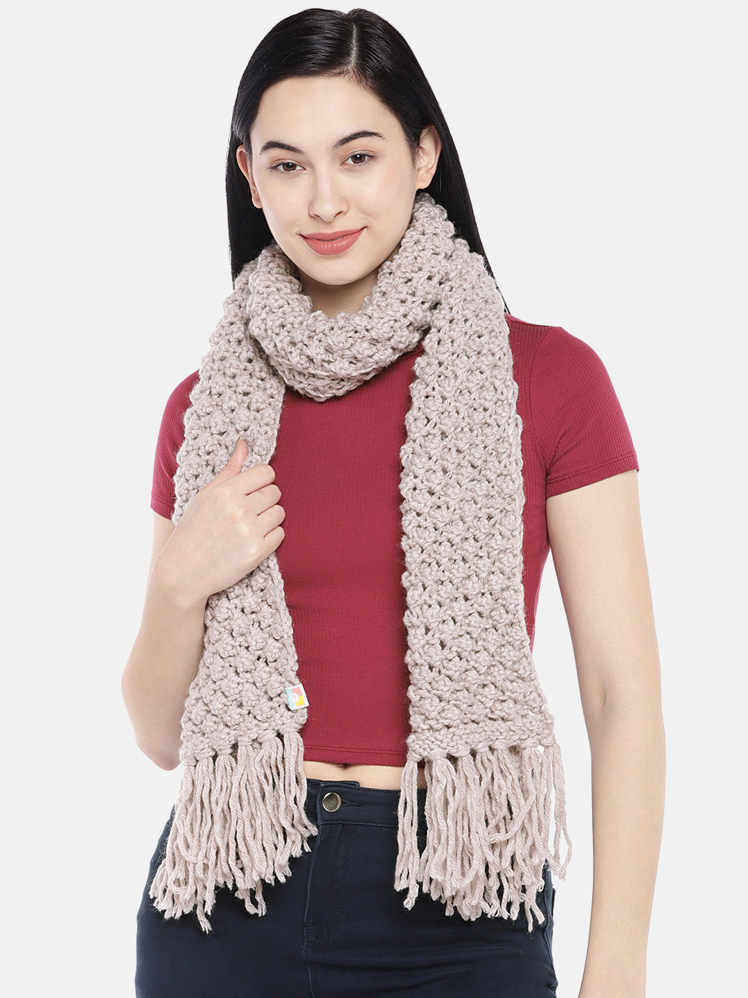 Magic Needles Women Beige Self Design Bobble Stitch Handmade Scarf