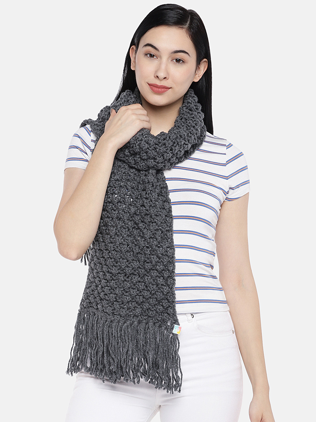 Magic Needles Women Grey Self Design Bobble Stitch Handmade Scarf