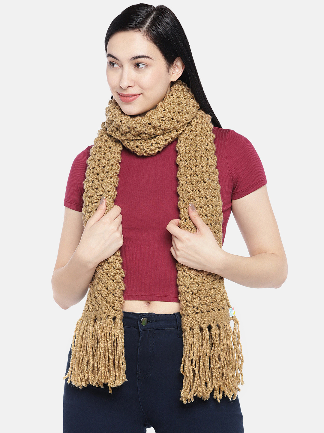 Magic Needles Women Khaki Self Design Bobble Stitch Handmade Scarf