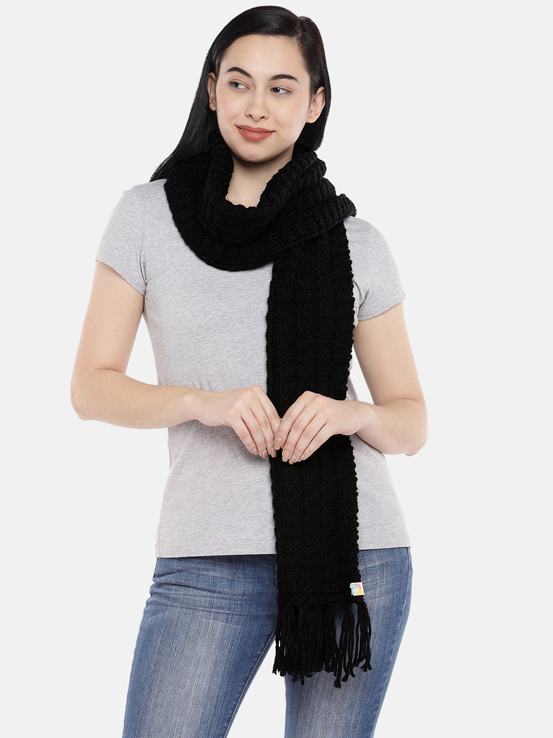 Magic Needles Women Black Self Design Handmade Scarf