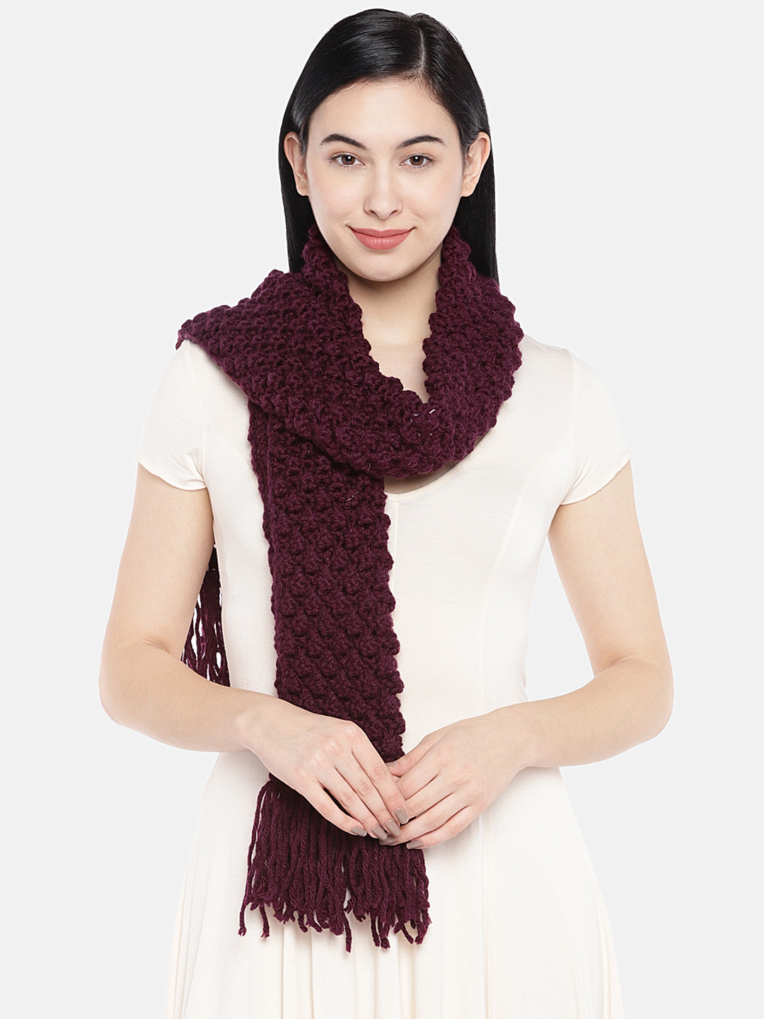 Magic Needles Women Burgundy Self Design Bobble Stitch Handmade Scarf