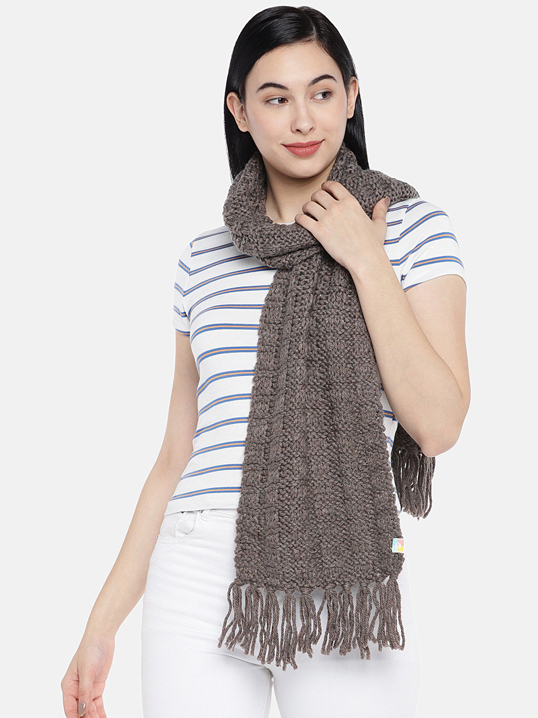 Magic Needles Women Brown & Grey Self Design Handmade Scarf