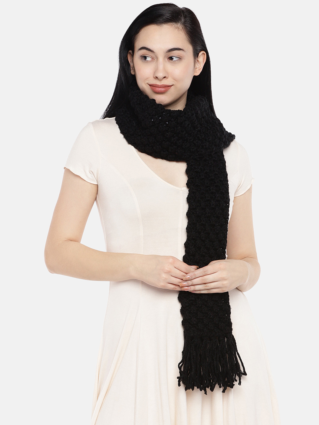 Magic Needles Women Black Self Design Bobble Stitch Handmade Scarf