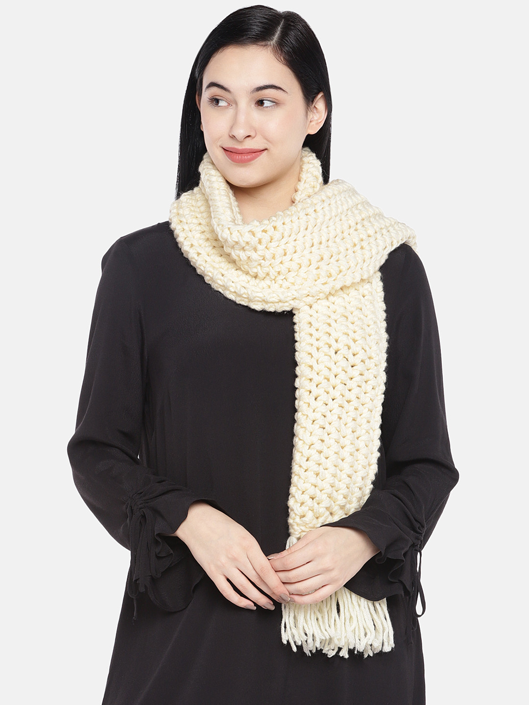 Magic Needles Women Cream-Coloured Self Design Double Knit Handmade Scarf