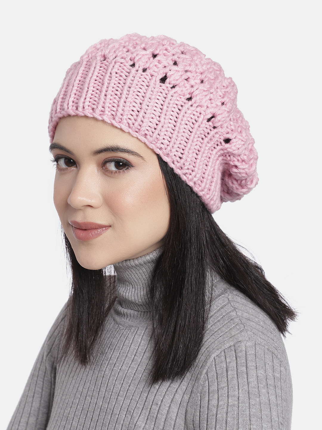 Magic Needles Women Pink Self Design Beanie